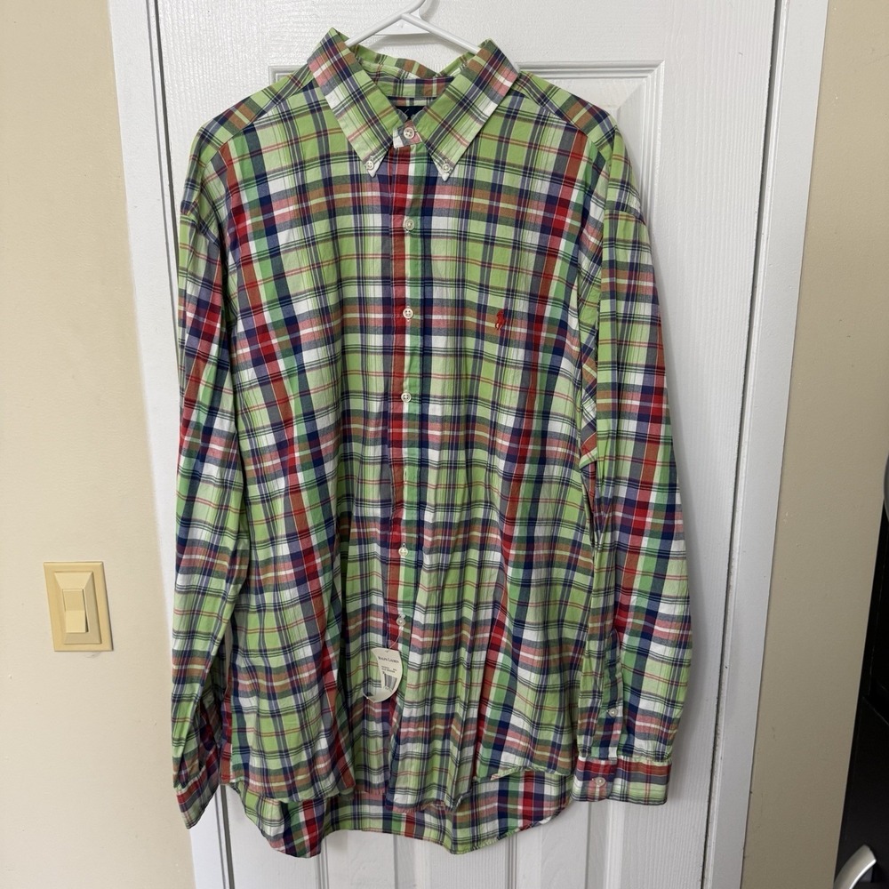 VTG RALPH LAUREN Size XL Mens Indian Madras Plaid Shirt Old Green Lightweight